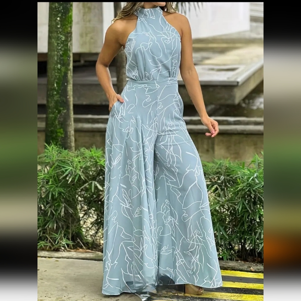 New Elegant Light Blue High Waisted Halter Jumpsuit